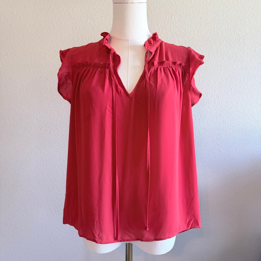 J.Crew Red Ruffle Flutter Sleeve Casual Chic Boho Tie Neck Blouse Top Small